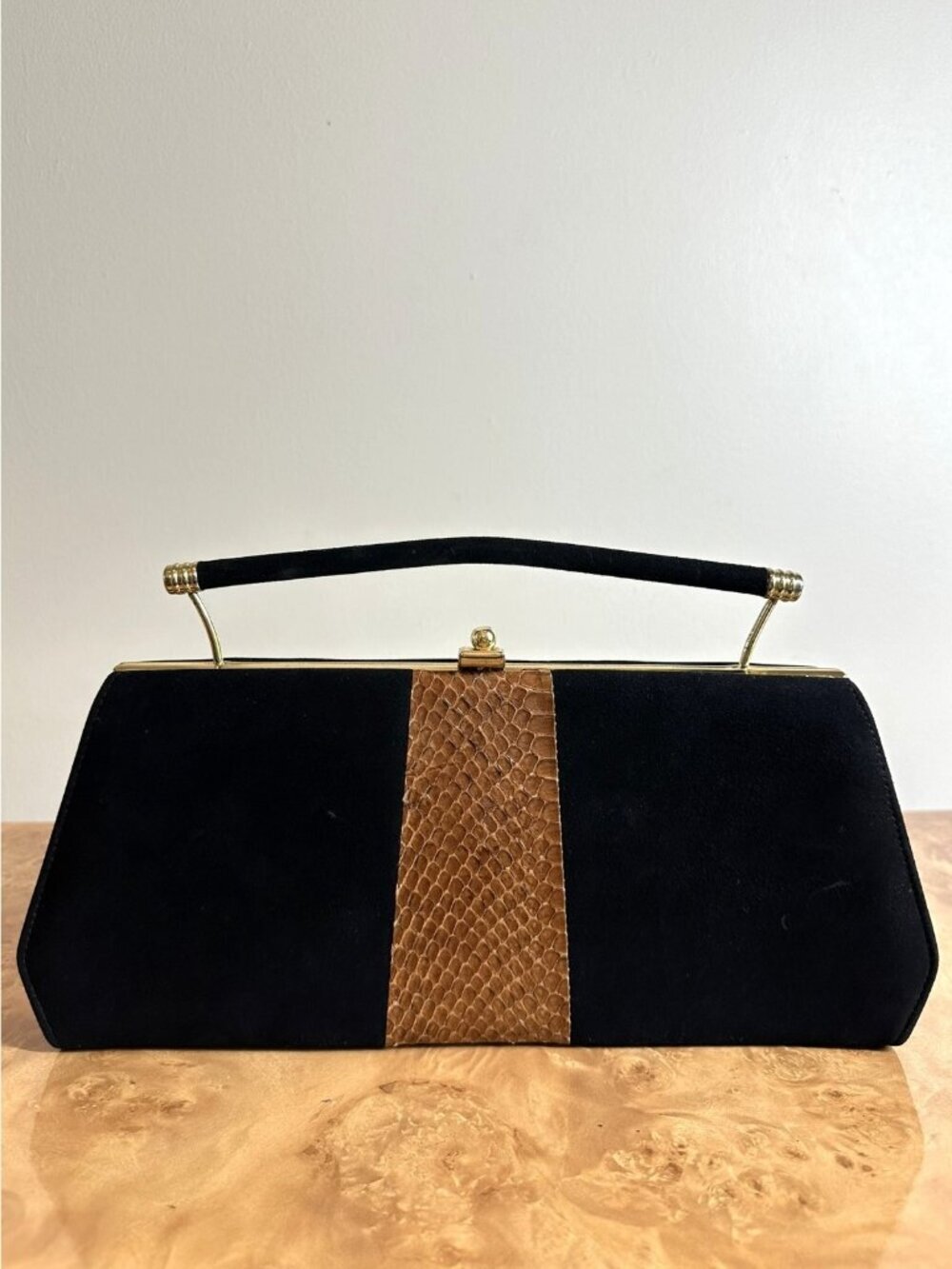 Vintage Town & Country Black Suede Clutch Python Snakeskin Trim Gold Frame MCM